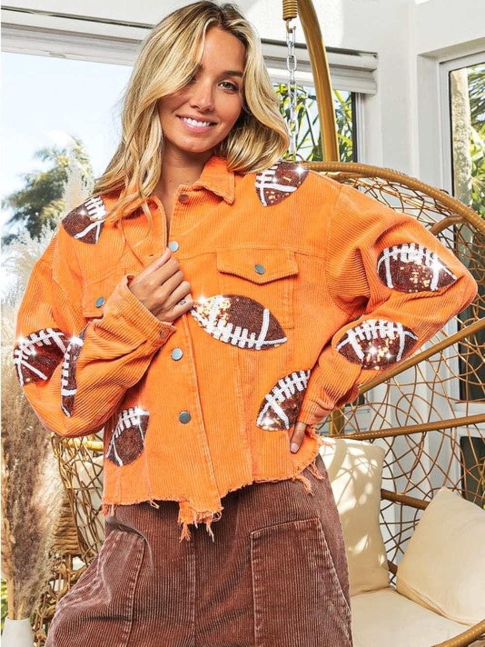 BiBi Orange Corduroy Jacket with Football Sequin Patches